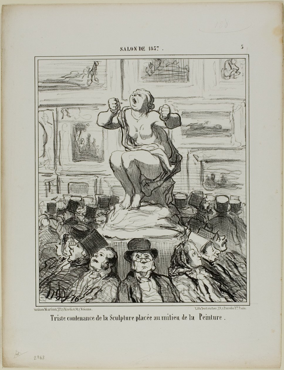 Het ongenoegen van een sculptuur geplaatst in het midden van een tentoonstelling van schilderijen, plaat 5 uit Salon De 1857 door Honoré Victorin Daumier