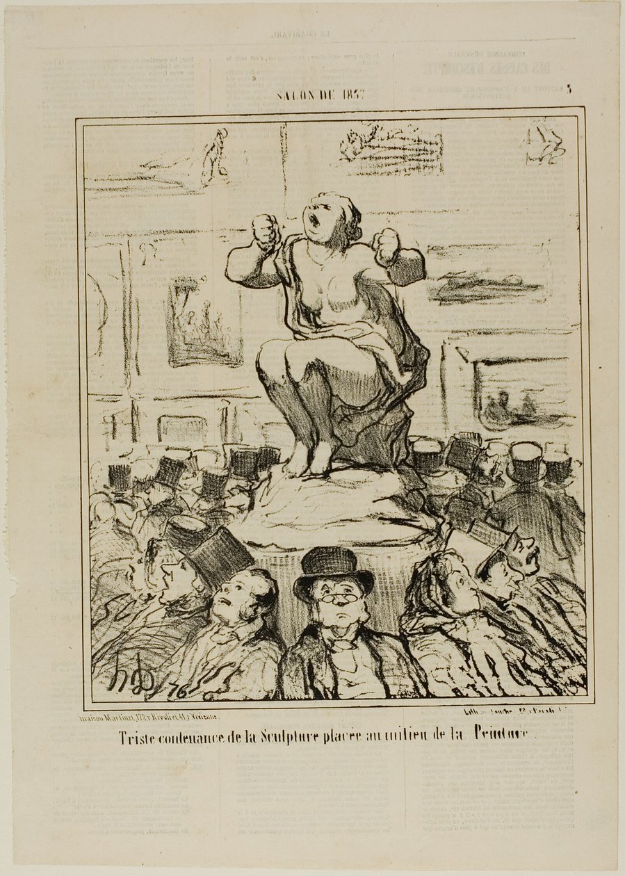 Het ongenoegen van een sculptuur geplaatst in het midden van een tentoonstelling van schilderijen, plaat 5 uit Salon De 1857 door Honoré Victorin Daumier