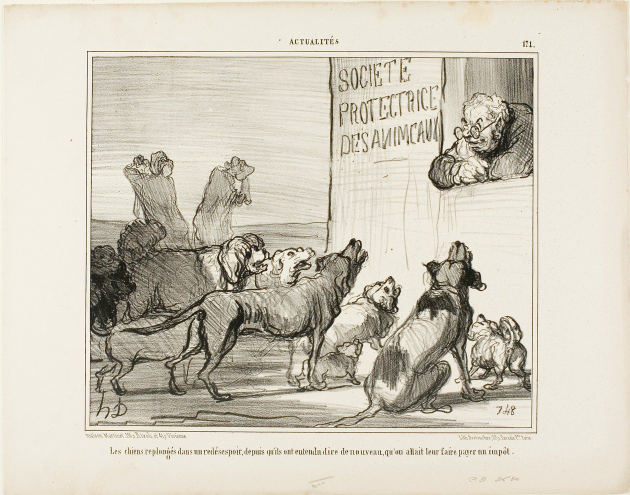 De honden vallen opnieuw in wanhoop nadat ze hebben gehoord dat er toch een nieuwe hondenrijbewijsbelasting komt, plaat 171 van Actualités door Honoré Victorin Daumier