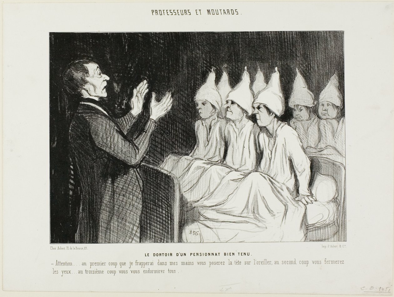 De slaapzaal van een voorname kostschool, plaat 14 uit Professeurs et Moutards (Professoren en deugnieten) door Honoré Victorin Daumier