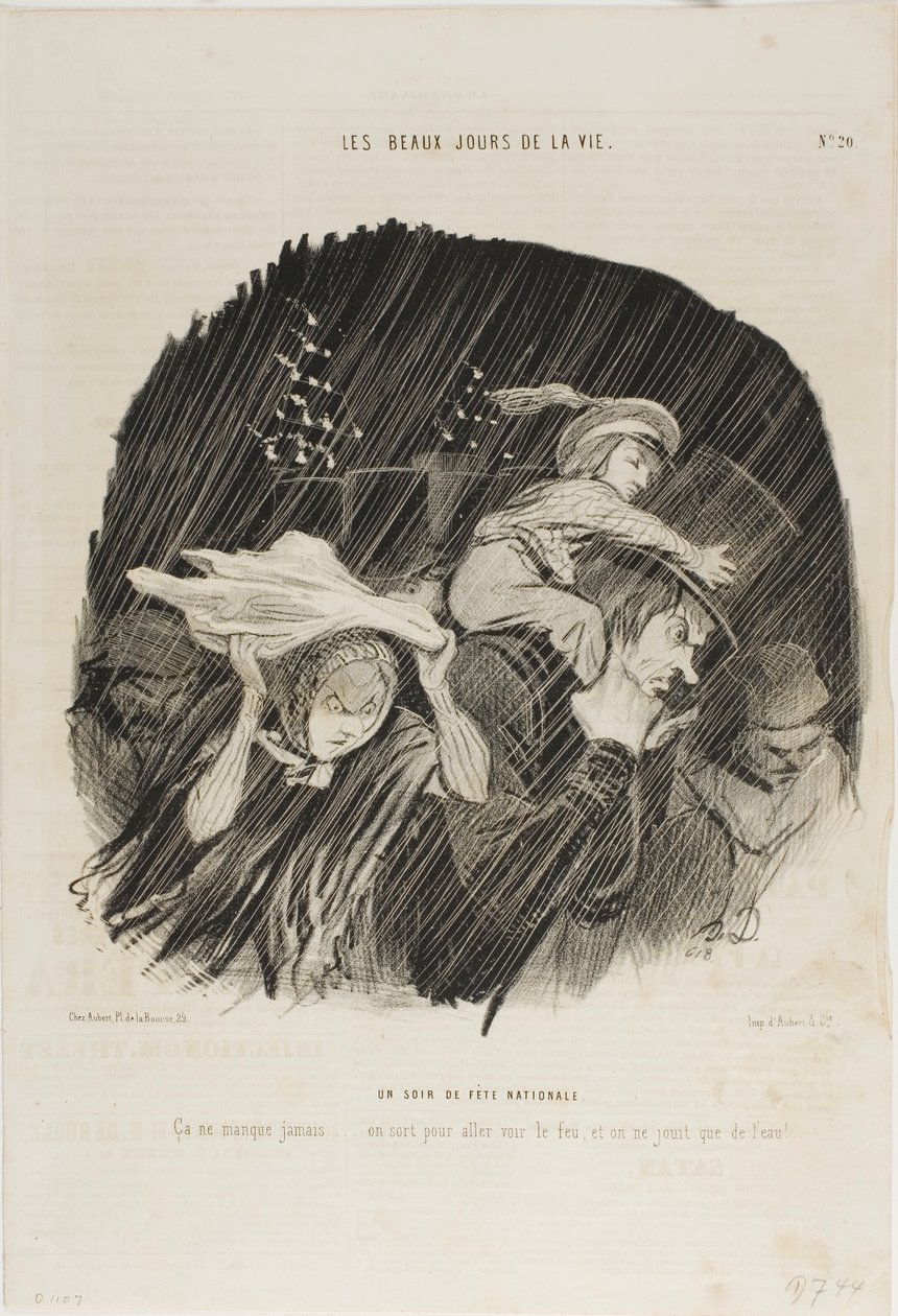 De avond van de nationale feestdag. Het mislukt nooit... je gaat naar buiten om het vuurwerk te zien, en het enige wat je krijgt is waterwerk!, plaat 20 uit Les Beaux Jours De La Vie door Honoré Victorin Daumier
