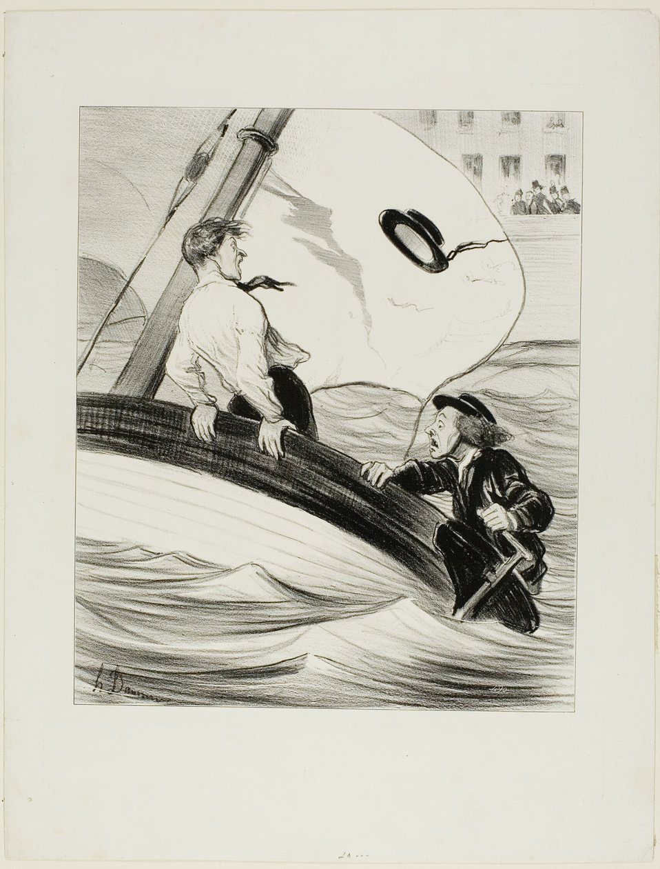 De windvlaag. "- Oh blast! Ik ben mijn hoed kwijt! - Maak je geen zorgen.... want het is waterpoef.... je zult geen probleem hebben om hem terug te vinden in Rouen!," plaat 17 uit Les Canotiers Parisiens door Honoré Victorin Daumier