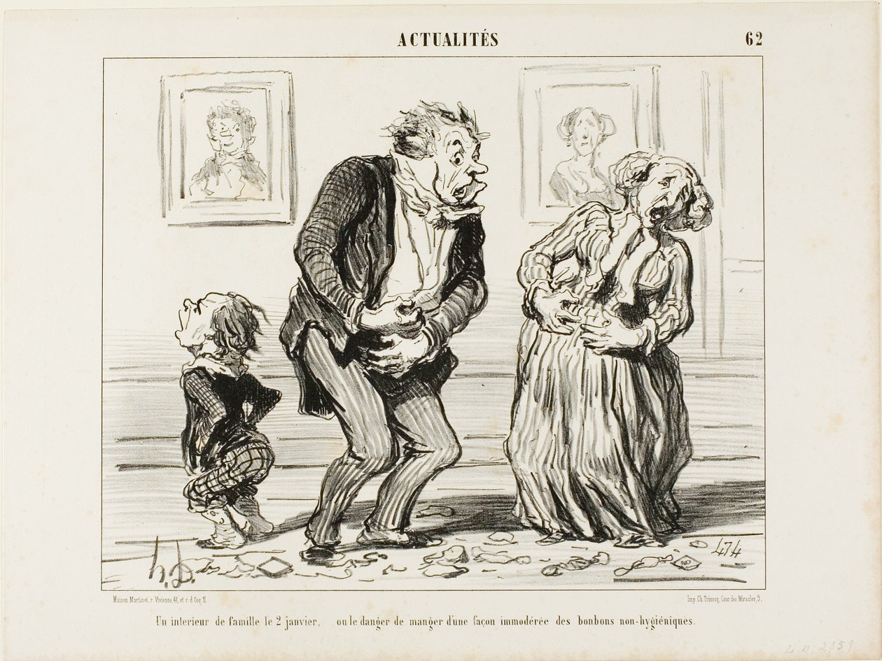 Het interieur van een gezin op 2 januari - of het gevaar van het consumeren van overmatig niet-hygiënisch snoepgoed, plaat 62 uit Actualités door Honoré Victorin Daumier