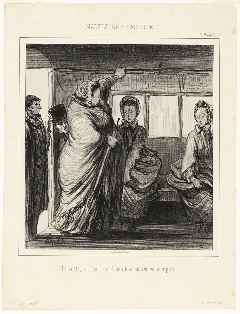 De buslijn Madeleine-Bastille. Een kleinigheid, een niets... en de bus is vol door Honoré Victorin Daumier