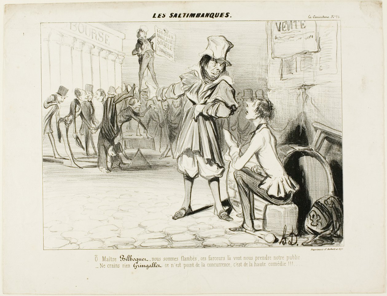 De Mountebanks. "- Oh Maître Bilboquet, we hebben het gehad... deze clowns zullen onze show stelen! Maak je geen zorgen, Gringaillet, ze zijn geen concurrentie, het zijn gewoon komieken!" van Les Saltimbanques door Honoré Victorin Daumier