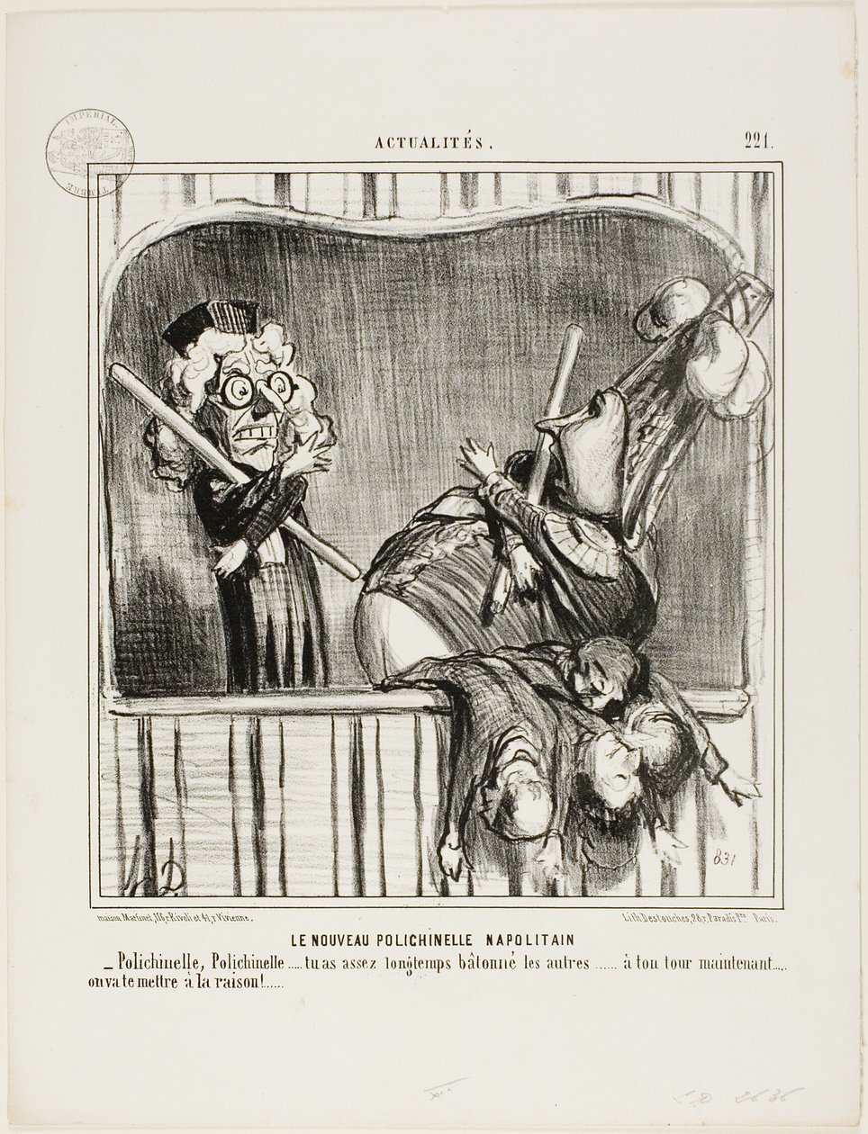 De nieuwe Napolitaanse hansworst. "- Polichinelle, Polichinelle, je hebt de anderen lang genoeg tegen je in het harnas gejaagd... nu is het jouw beurt. We zullen je tot rede brengen...," plaat 221 van Actualités door Honoré Victorin Daumier