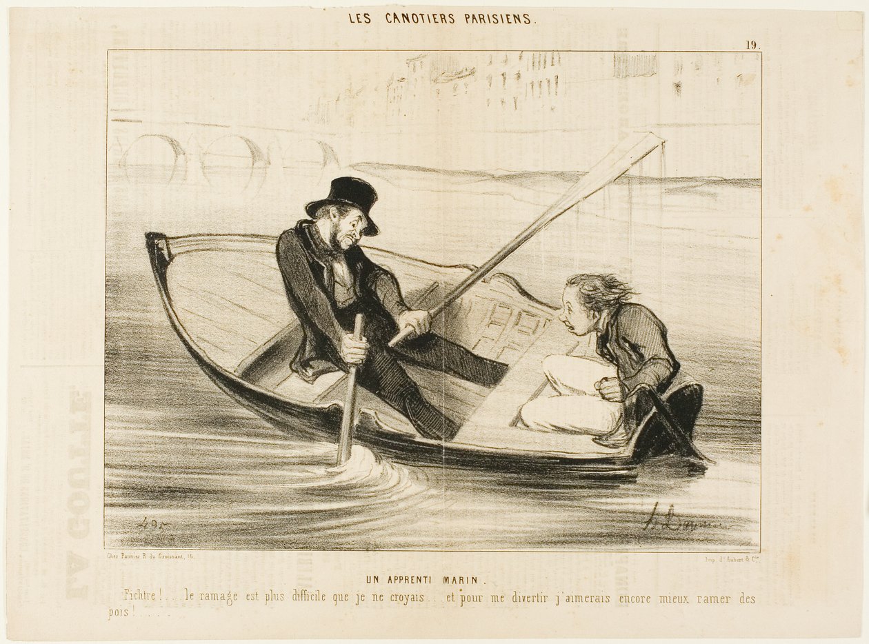 De beginnende zeiler. "Duivel... roeien is veel moeilijker dan ik dacht! En om echt te genieten zou ik liever erwten houden," plaat 19 uit Les Canotiers Parisiens door Honoré Victorin Daumier