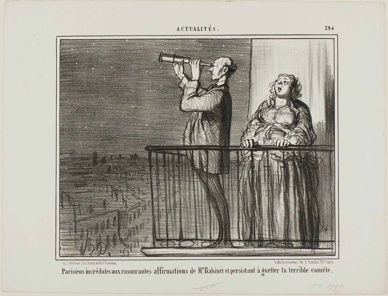 De Parijzenaars vertrouwen de verzekering van Monsieur Babinet niet helemaal en staan erop te wachten op de komeet, plaat 394 van Actualités door Honoré Victorin Daumier