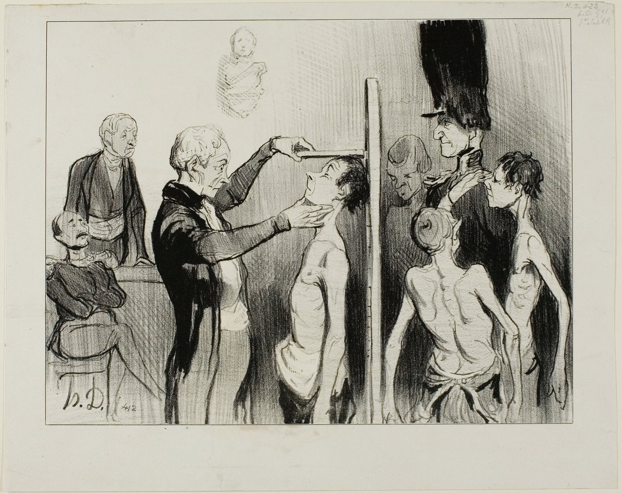 Het wervingsbureau. "Is het geen glorieus gezicht: deze nobele jonge Fransen vol vuur, kracht en elegantie klaar om hun eer te verdedigen onder de vlaggen van Mars," plaat 35 uit Caricatures Du Jour door Honoré Victorin Daumier