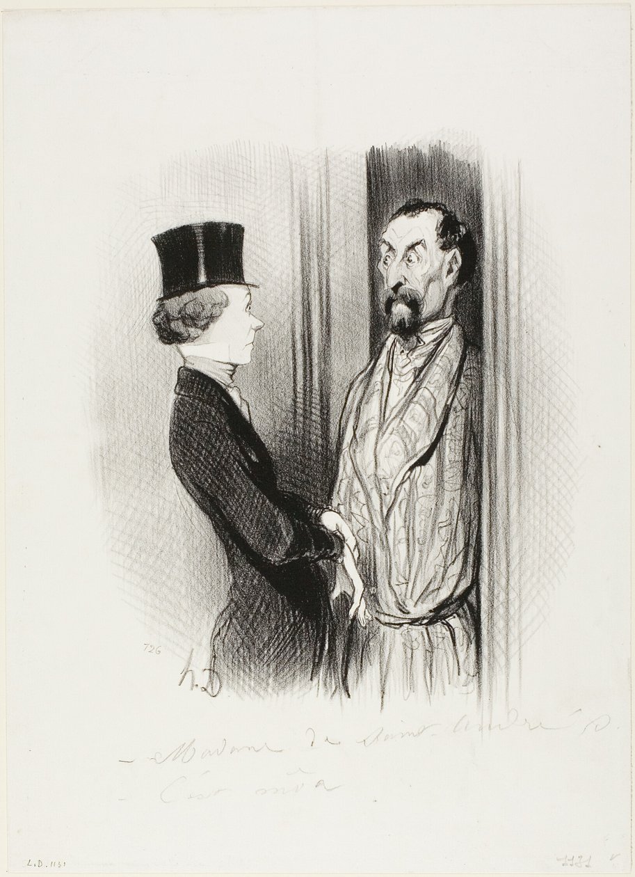 De Rendez-Vous. "Madame Eudoxie Blancminet - Dat ben ik, Monsieur... wat kan ik voor u doen", plaat 44 uit Les Beaux Jours De La Vie door Honoré Victorin Daumier