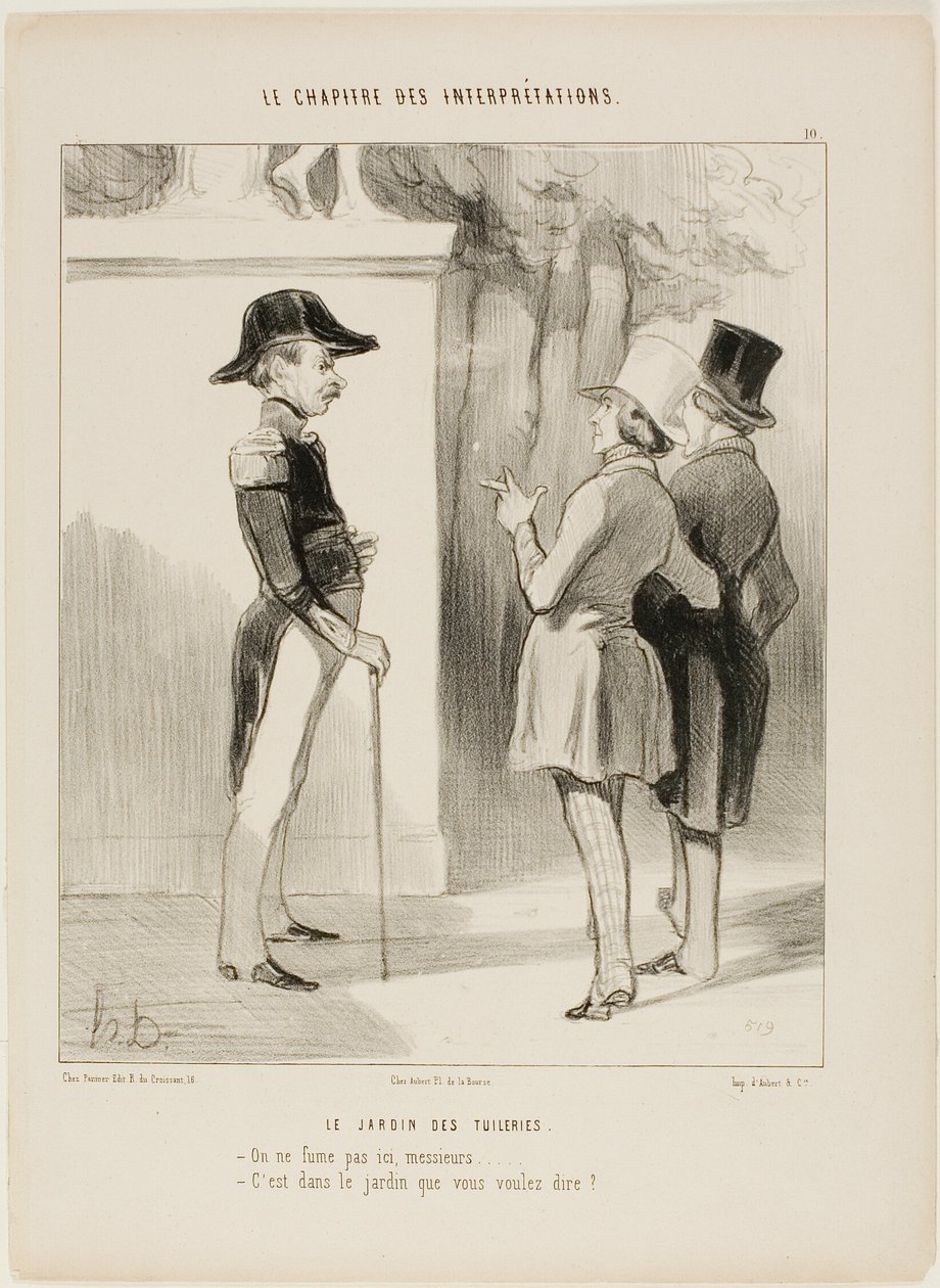De Tuilerieën. "Niet roken hier, meneer! - Bedoel je in de tuin", plaat 10 uit Le Chapitre Des Interprétations door Honoré Victorin Daumier
