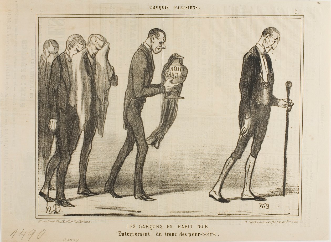 De ober in zwart pak. Begrafenis van de fooienpot, plaat 2 van Croquis Parisiens door Honoré Victorin Daumier