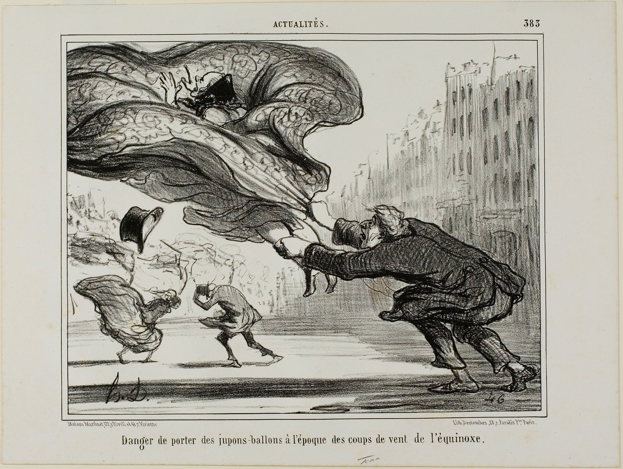 Het gevaar van het dragen van hoepelrokken tijdens een plotselinge lentestorm, plaat 26 uit La Crinolomanie door Honoré Victorin Daumier