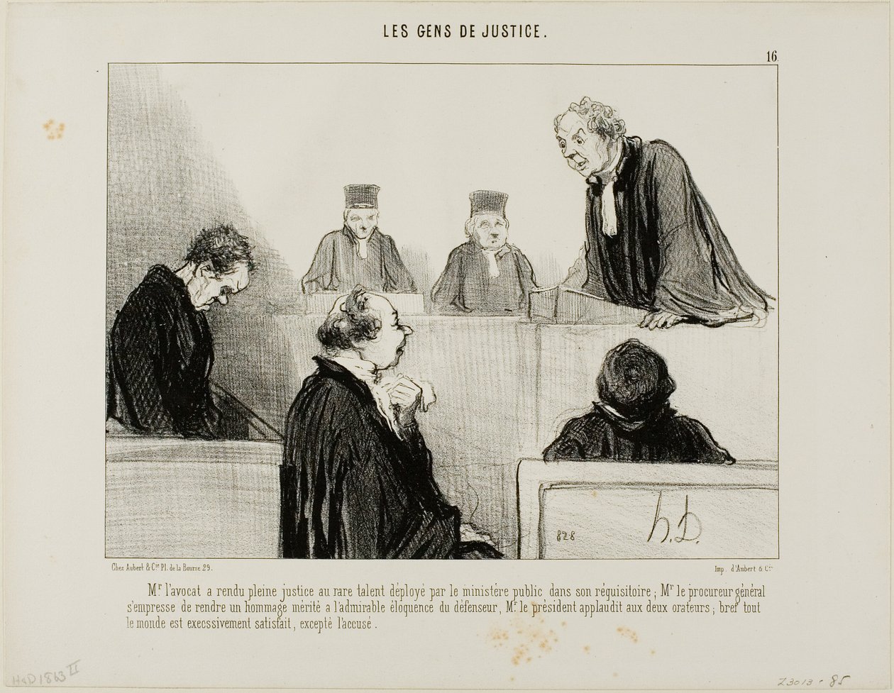 De verdediging complimenteert het talent van de aanklager, terwijl de procureur-generaal de welsprekendheid van de verdediging bewondert. De rechter applaudisseert voor beiden en iedereen is tevreden, behalve de beschuldigde, plaat 16 uit Les Gens De Justi door Honoré Victorin Daumier