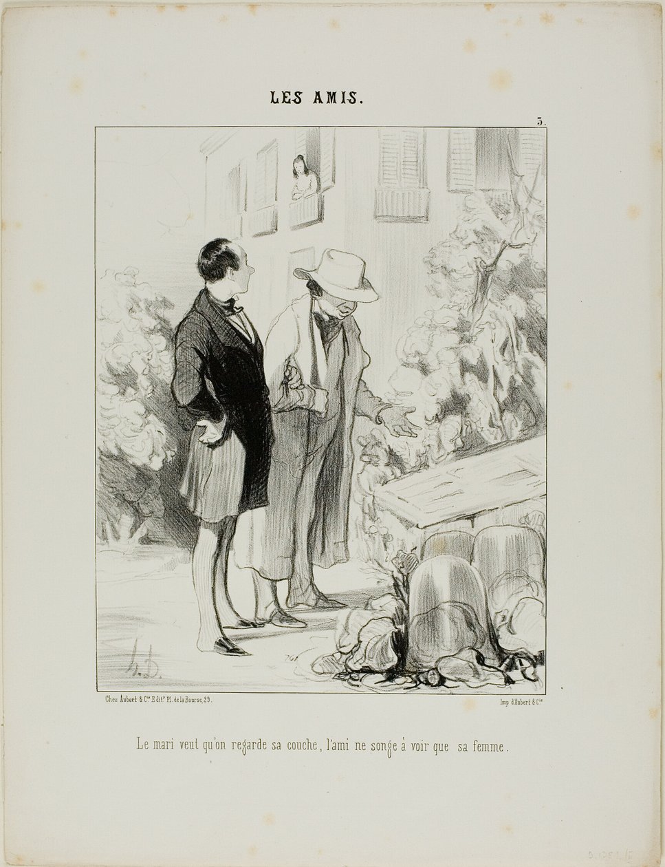 De man wil dat hij naar zijn broeinest kijkt, de vriend droomt er alleen maar van om zijn vrouw te zien, plaat 3 van Les Amisa door Honoré Victorin Daumier
