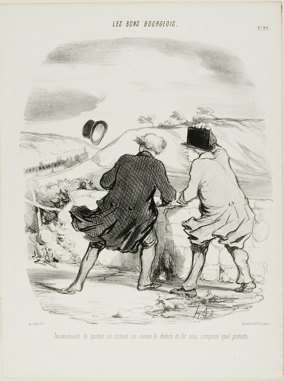 Het ongemak om de trein te verlaten, al is het maar voor even en onder welk voorwendsel dan ook, plaat 29 uit Les Bons Bourgeois door Honoré Victorin Daumier