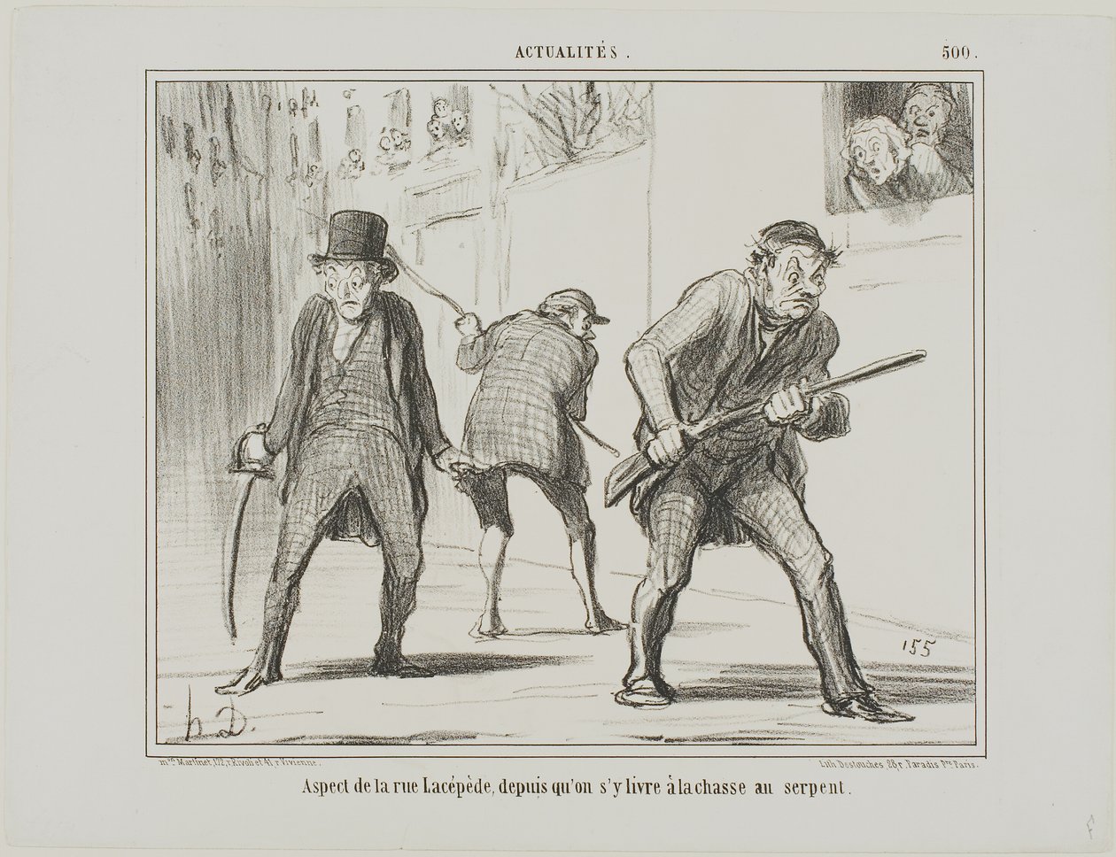 Gezicht op de rue Lacépède tijdens de jacht op een slang, plaat 500 uit Actualités door Honoré Victorin Daumier