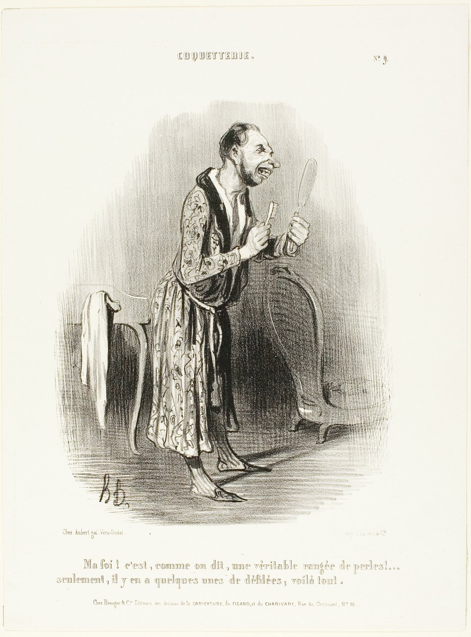 "Nou... zoals het gezegde luidt, als een echte parelsnoer, .... alleen zijn er een paar losgeraakt, dat is alles!", bord 9 van Coquetterie door Honoré Victorin Daumier