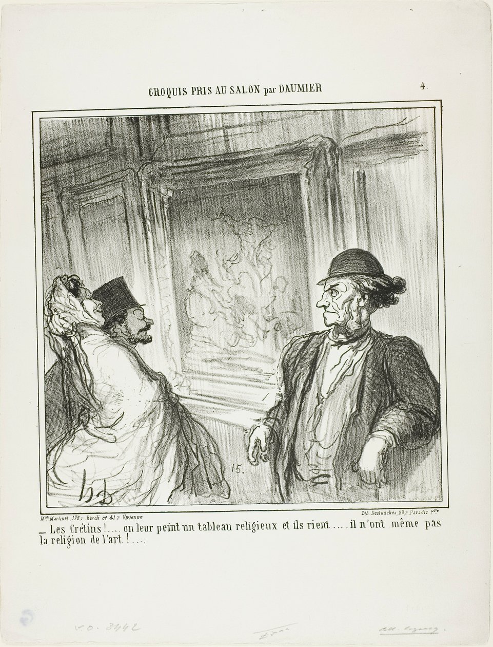 "Wat een idioten! Je schildert een religieus schilderij voor ze en ze lachen.... ze hebben niet eens een toewijding voor kunst!...," plaat 4 uit Croquis Pris Au Salon par Daumier door Honoré Victorin Daumier