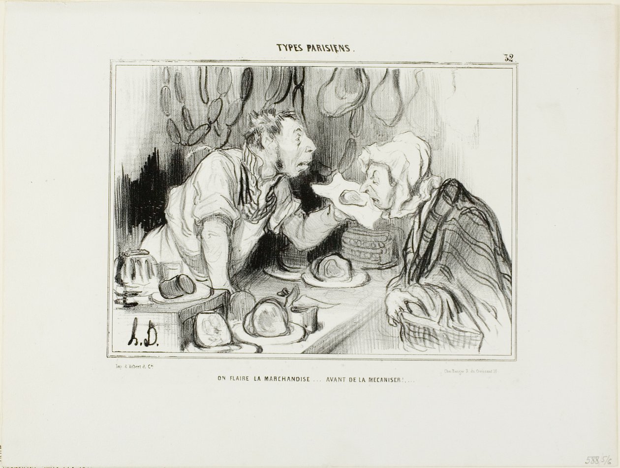 "Je ruikt aan de koopwaar... voordat je ze koopt," plaat 32 uit Types Parisiens door Honoré Victorin Daumier