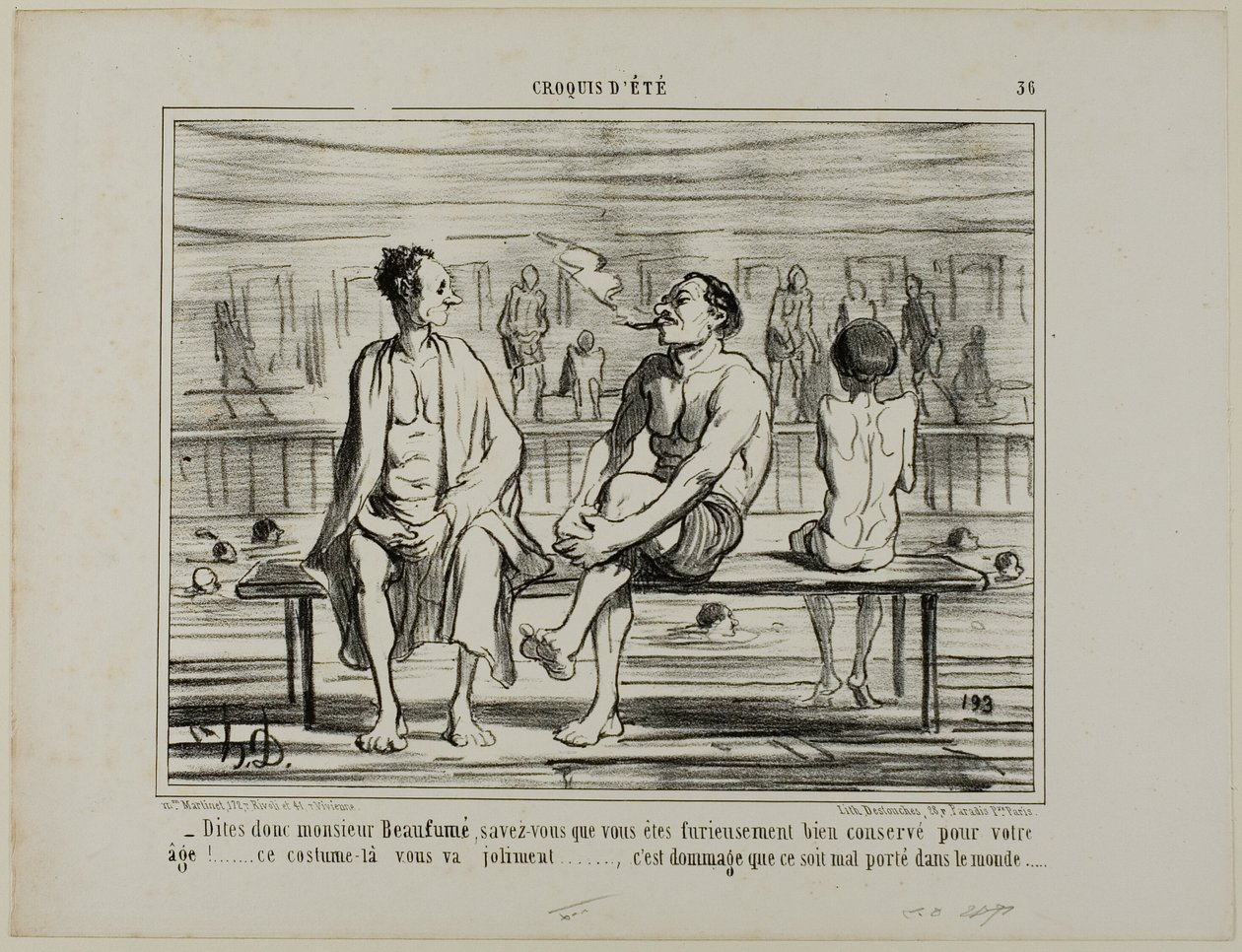 "Weet u, Monsieur Beaufumé, eigenlijk hebt u zich verdomd goed gehouden gezien uw leeftijd. Dit kostuum staat u perfect.... alleen jammer dat het niet iedereen goed staat," plaat 36 uit Croquis D