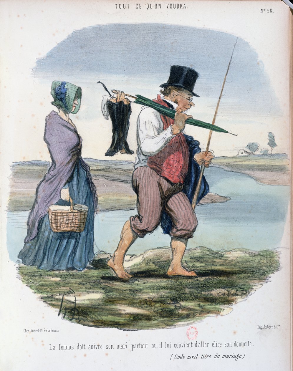 Karikatuur die Hoofdstuk VI van de Rechten en Plichten van Echtgenoten in de Franse Code Civil belachelijk maakt, uitgevaardigd door Napoleon in 1804, c.1840-50 door Honoré Daumier