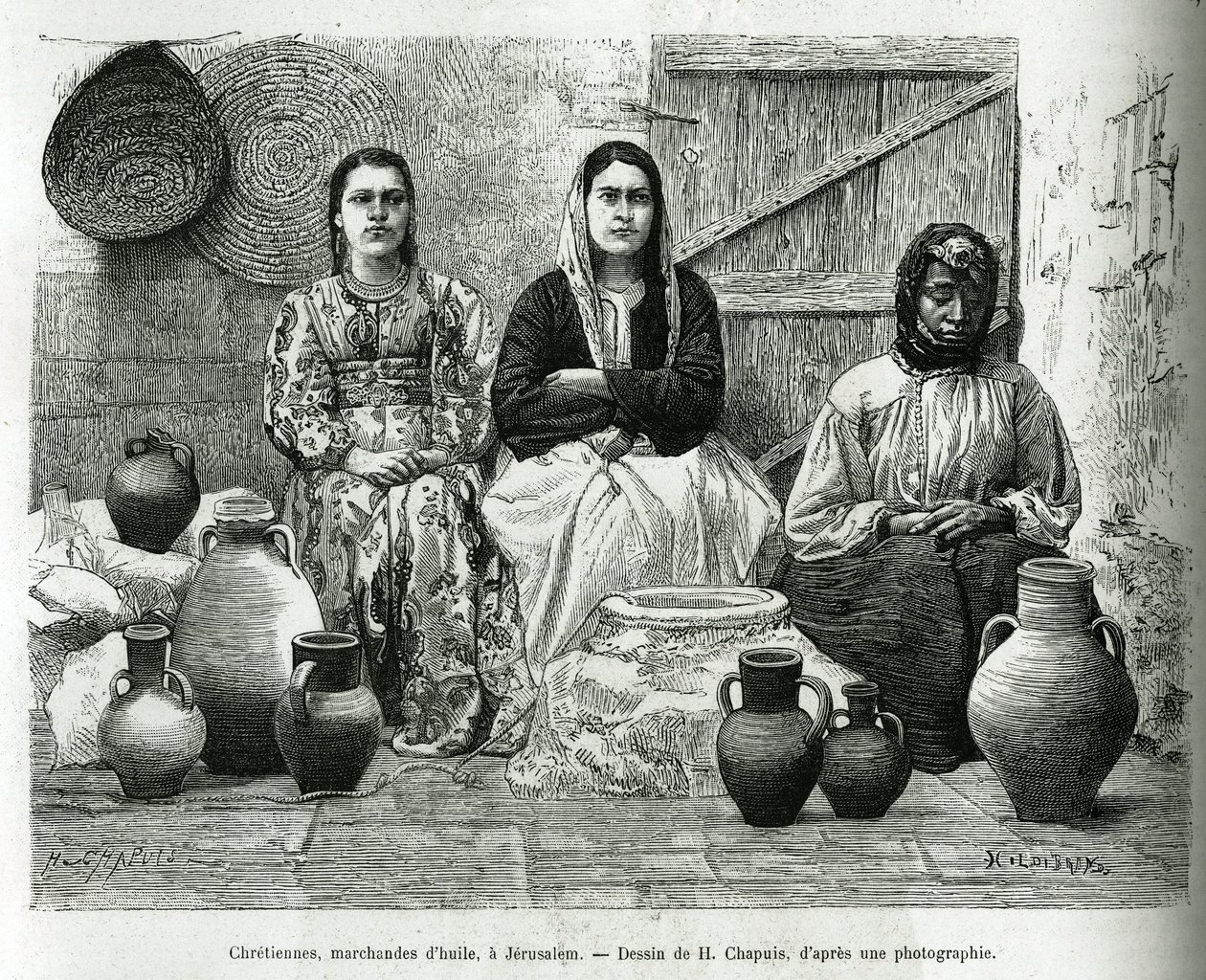 Christenen, oliehandelaren in Jeruzalem. Gravure door H.Chapuis, ter illustratie van La Syria d
