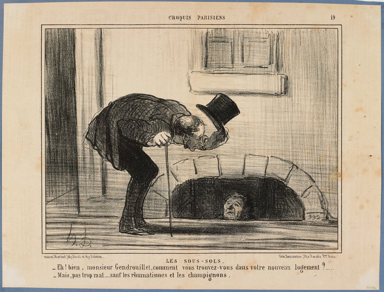 “En dus, meneer Gendrouillet, hoe bevalt uw nieuwe onderkomen?” - “Niet al te slecht, behalve het reuma en de paddenstoelen” door Honoré Daumier