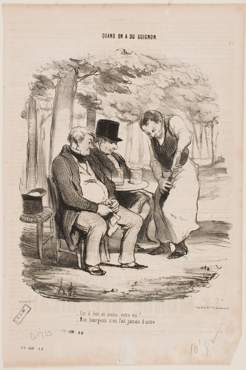 „Is uw wijn tenminste goed?” „Mijn meester maakt nooit een andere soort.” door Honoré Daumier