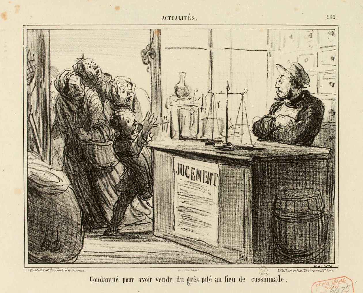 Actualiteiten nr. 252: Veroordeeld omdat hij gemalen zandsteen in plaats van bruine suiker had verkocht. door Honoré Daumier