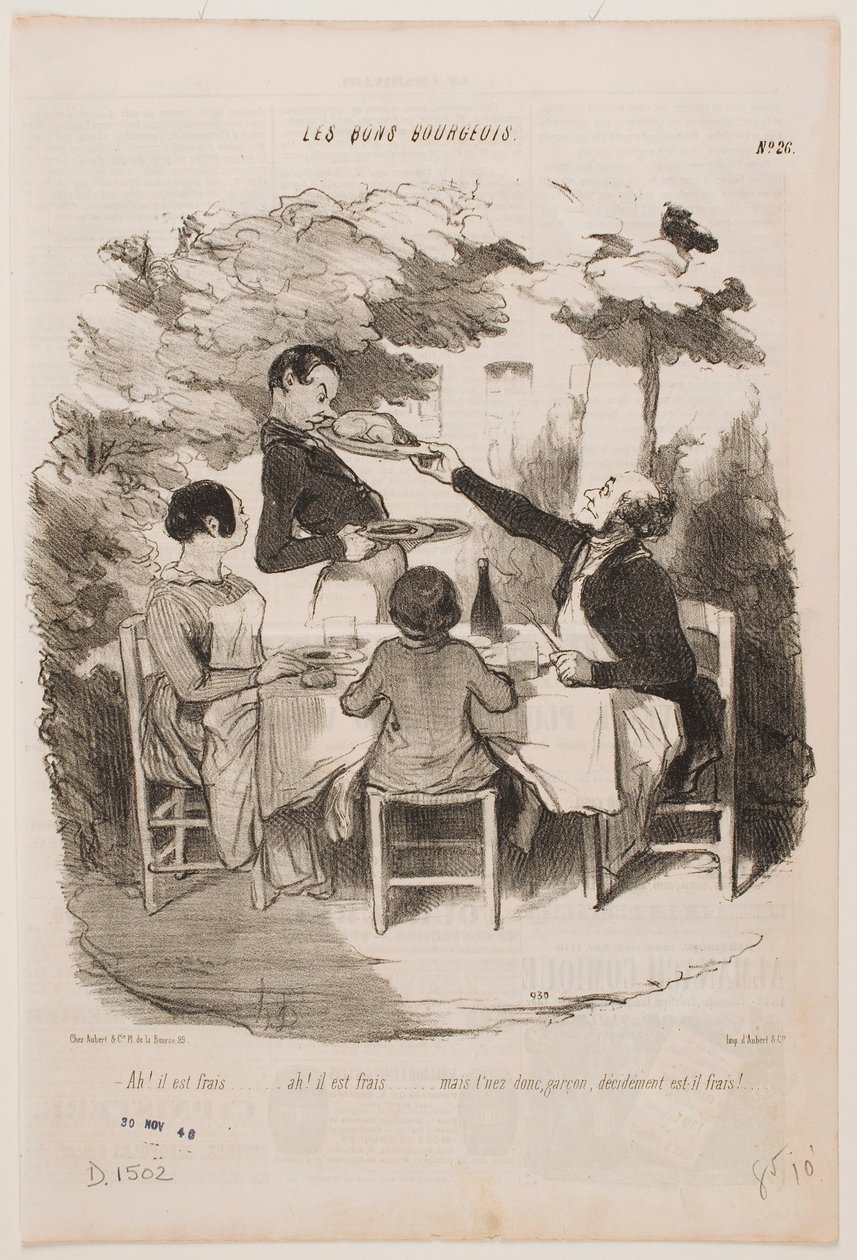 Ach, het is vers, het is vers! ... Ruik er zelf aan, ober, zegt u dat dit vers is? ... door Honoré Daumier