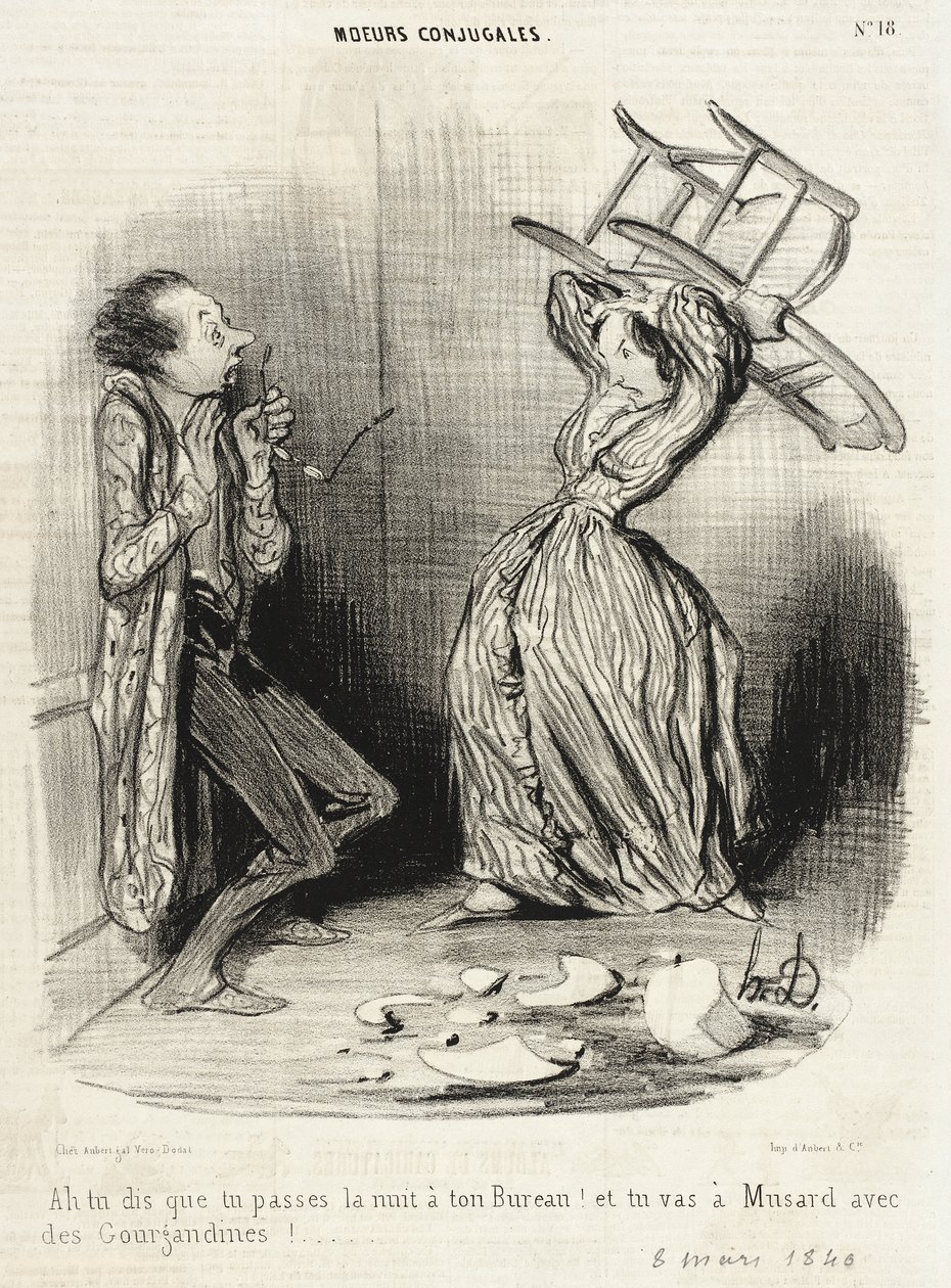 Ah, je zegt dat je de nacht op kantoor doorbrengt!... door Honoré Daumier