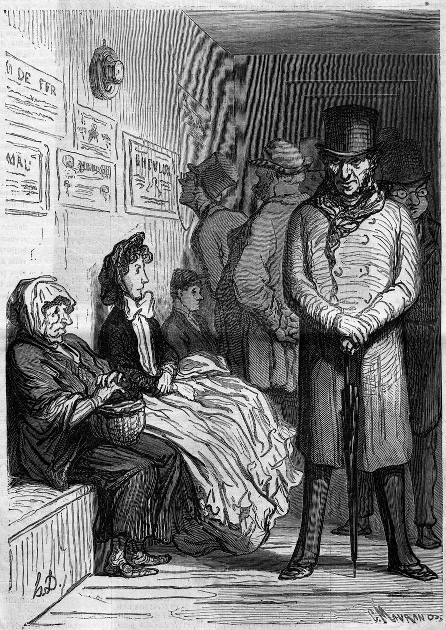 Een wachtruimte voor een omnibus. Cartoon door Honore Daumier. Gravure in Le Monde Illustré nr. 257 van 15 maart 1862 door Honoré Daumier