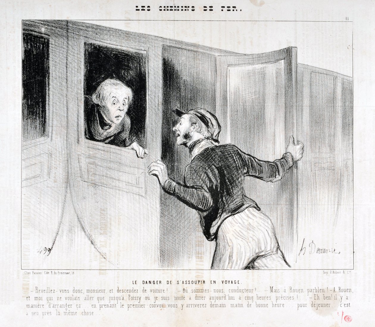 Kunstwerk door Honore Daumier (1808-1879). Charivari dateert uit 1843: Serie LES SPOORWEGEN Het gevaar van in slaap vallen tijdens een reis -Wakker worden meneer en uitstappen! - Waar rijden we naartoe? - Maar Rouen parbleu! - In Rouen en ik die alleen naa door Honoré Daumier