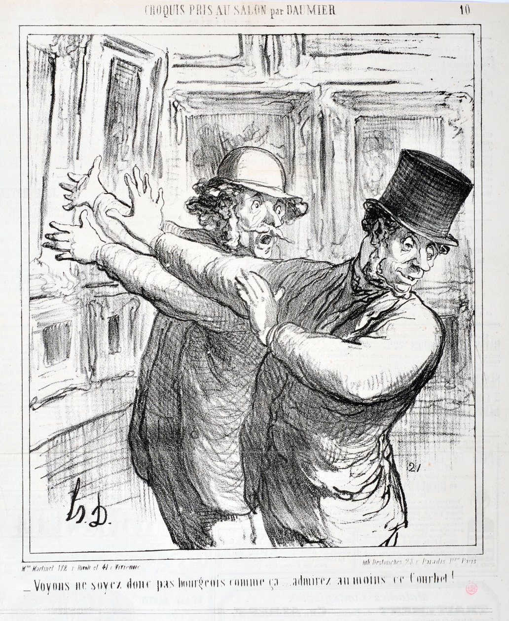 Kunstwerk door Honore Daumier. Charivari dateert uit 1865: Serie Schetsen Gemaakt op de Salon - Laten we niet zo burgerlijk zijn... bewonder tenminste deze Courbet! MUSEUM VAN SCHONE KUNSTEN - PALEIS LONGCHAMP, MARSEILLE door Honoré Daumier