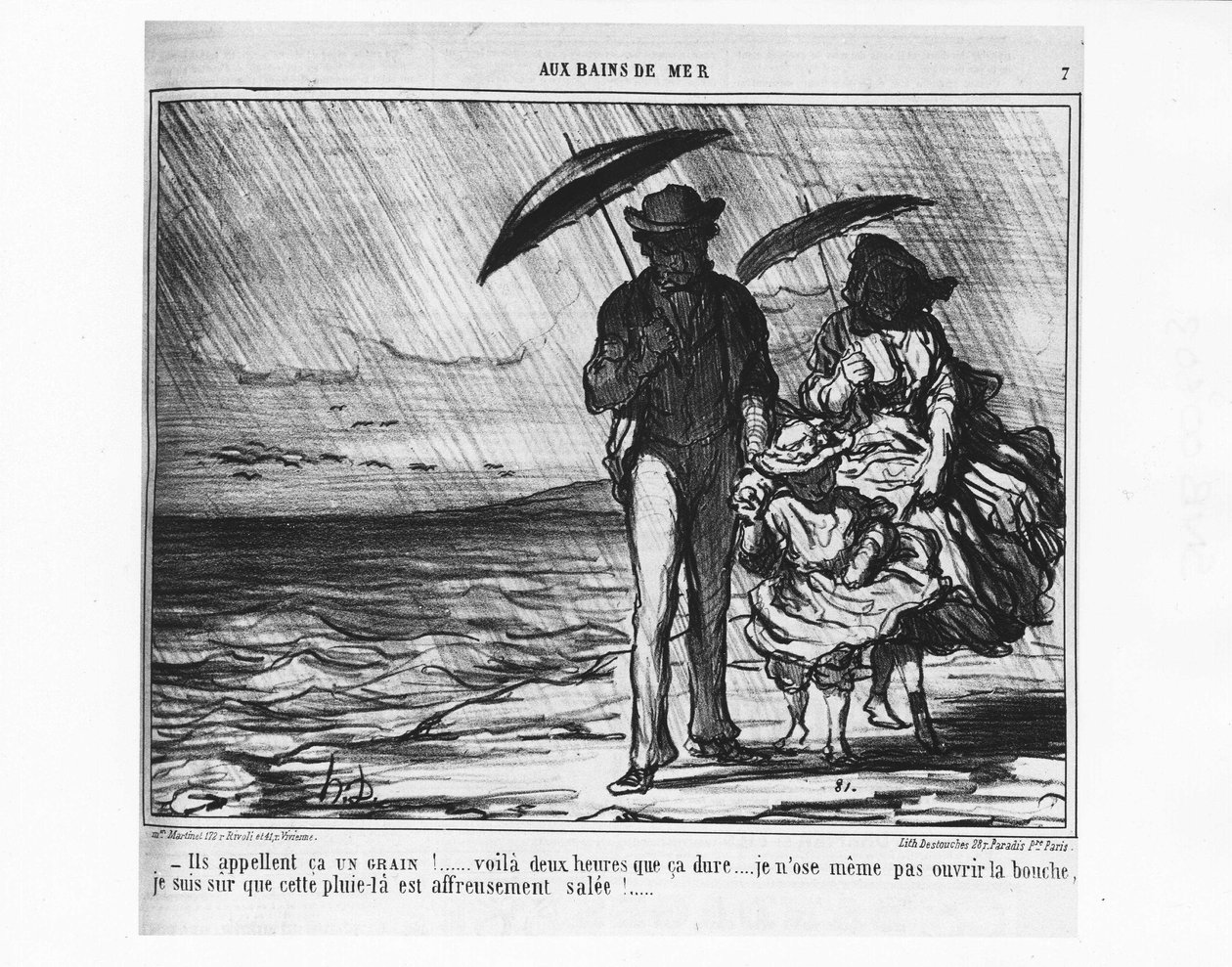 Bij de zeebaden: Parijzenaars aan zee in een stortregen - door Daumier, in 