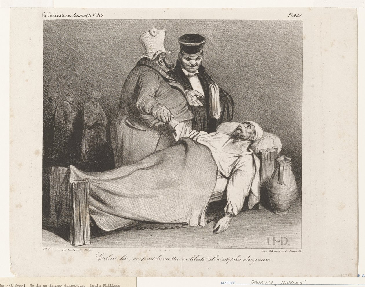 Die kunnen we wel vrijlaten! Hij is niet meer gevaarlijk. (uit La Caricature) door Honoré Daumier