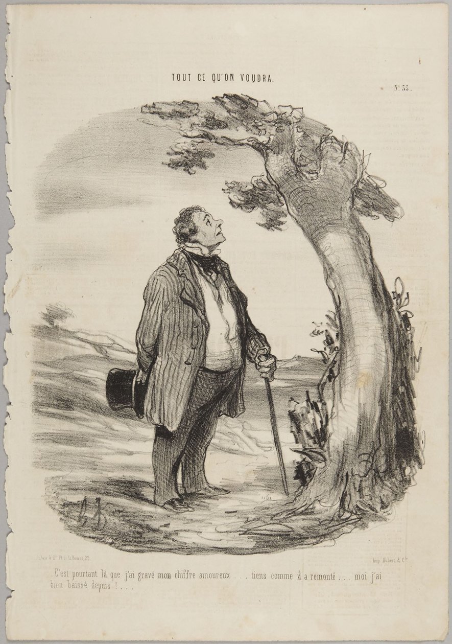 „Toch heb ik daar mijn liefdesteken gegraveerd...“, nummer 35 uit de serie Alles wat men maar wil uit Le Charivari door Honoré Daumier