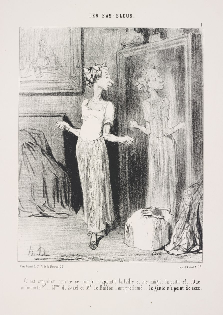 Het is merkwaardig hoe deze spiegel mijn taille afplat en mijn boezem afslankt! ... Wat kan het mij schelen? ... Mme de Staël en Mr. de Buffon hebben het verkondigd: ... genialiteit kent geen geslacht door Honoré Daumier