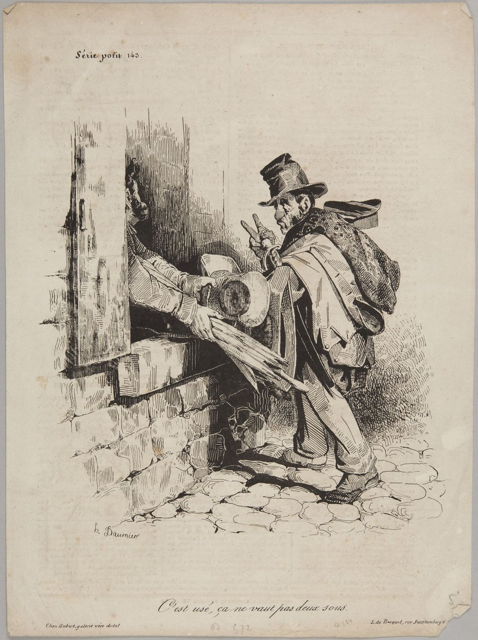 Het is versleten, het is geen cent waard, nummer 143 uit de reeks „Série Politique“ van Le Charivari door Honoré Daumier