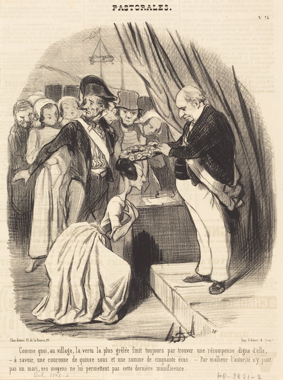 Hoe in het dorp de meest door hagel geteisterde deugd... door Honoré Daumier