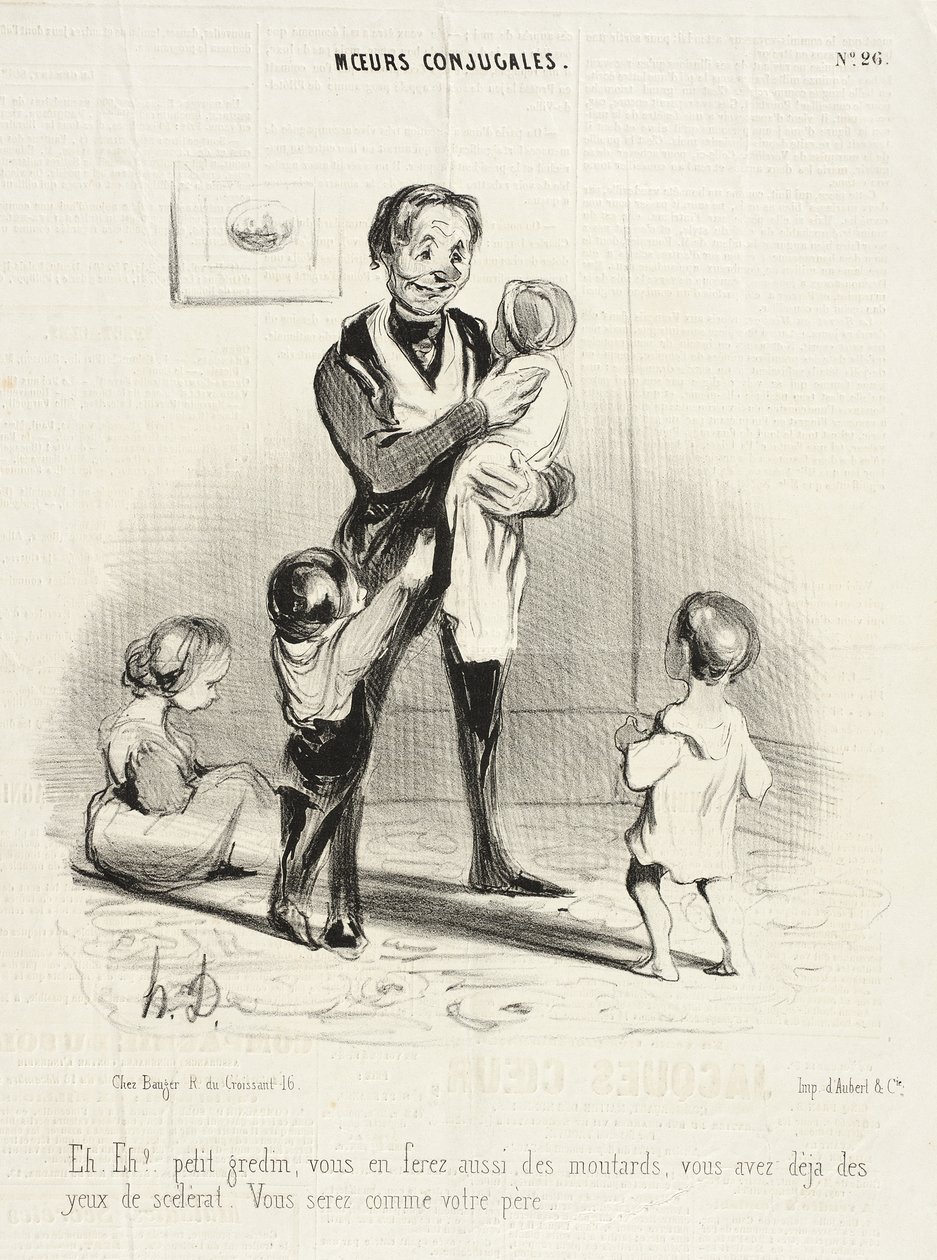 Hé! Hé!... kleine schurk, jij zult ook zulke snotneuzen maken... door Honoré Daumier