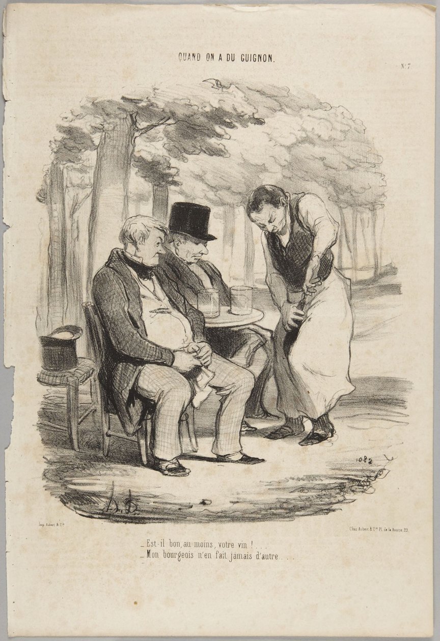 Is jullie wijn dan tenminste lekker!..., nummer 7 uit de reeks „Quand on a du Guignon“ uit Le Charivari door Honoré Daumier