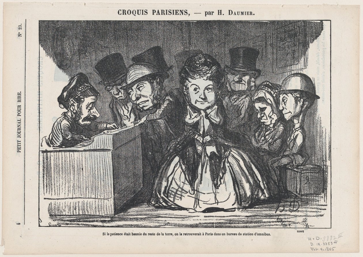 Als het geduld overal ter wereld verdwenen was, zou men het zeker terugvinden bij een bushalte in Parijs, uit „Parijse schetsen” door Honoré Daumier