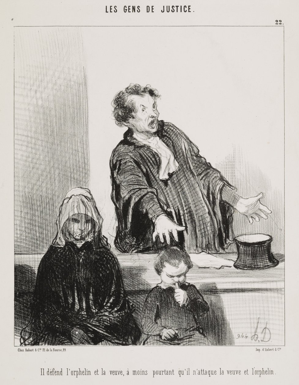 Hij verdedigt de wees en de weduwe, tenzij hij de weduwe en de wees aanvalt (Hij verdedigt de wees en de weduwe, tenzij hij de weduwe en de wees aanvalt), plaat 22 uit de serie Les Gens de Justice (De advocaten), uit het tijdschrift Le Charivari door Honoré Daumier