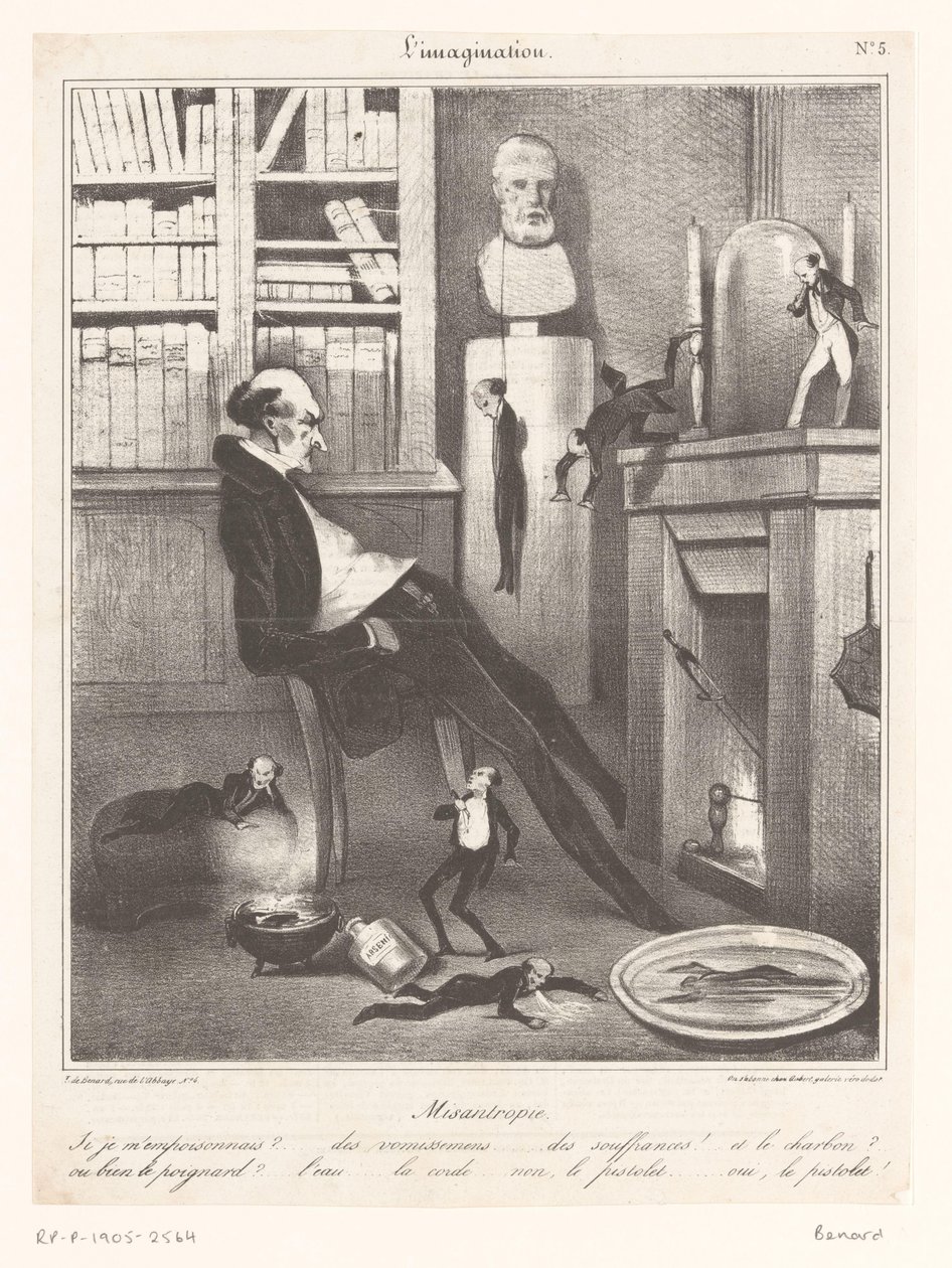 Karikatuur van een misantroop die bedenkt hoe hij zelfmoord zal plegen door Honoré Daumier