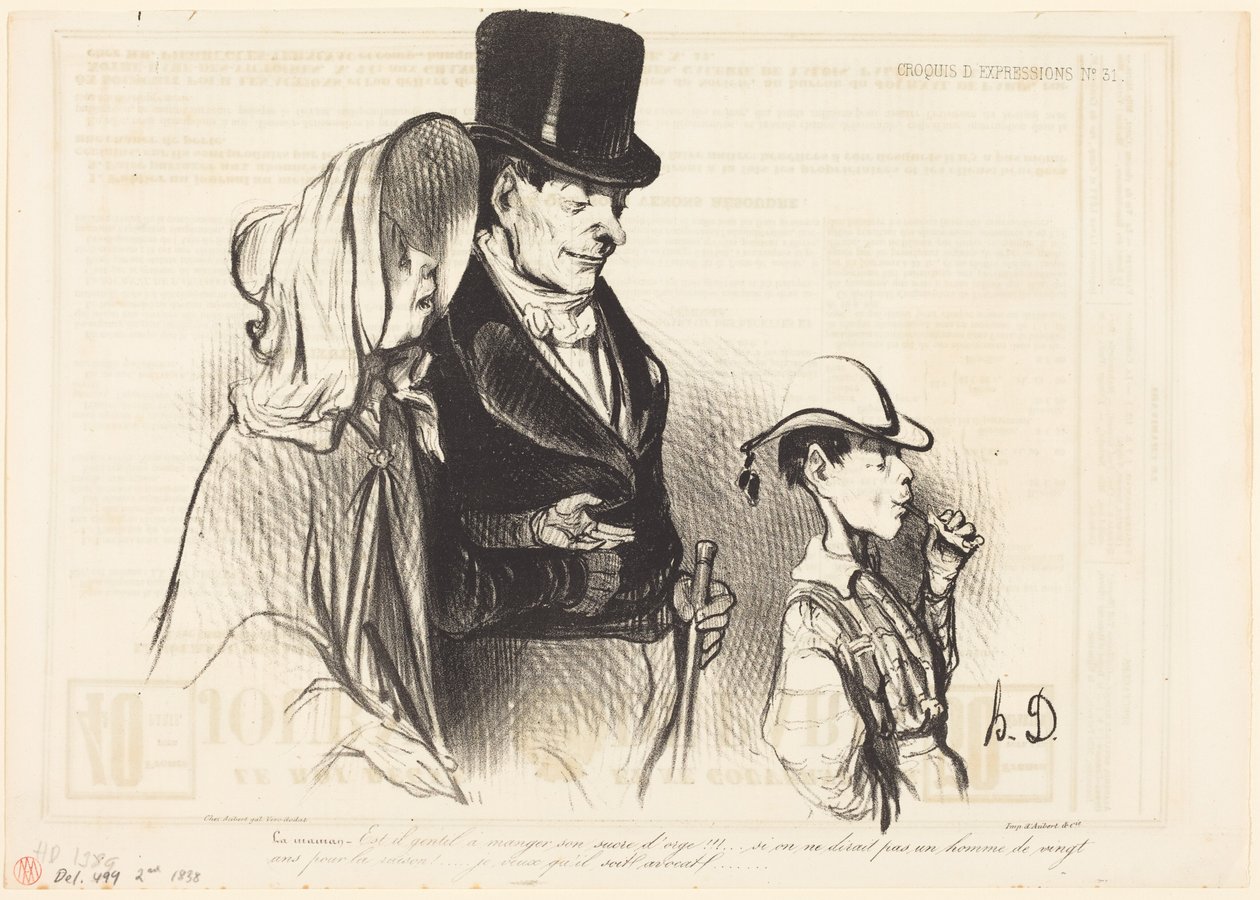 De mama - Is hij niet schattig, zo, terwijl hij zijn suikerrietje opeet!... door Honoré Daumier