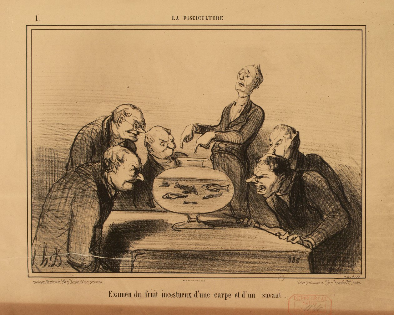 De visteelt nr. 1: Onderzoek van de incestueuze vrucht van een karper en een geleerde. door Honoré Daumier