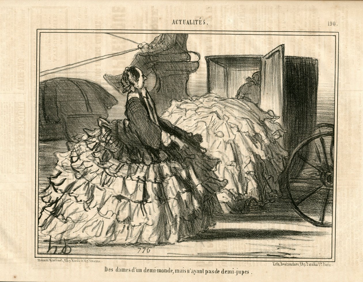 Le Charivari, Satirisch in ZW, ca. 1855_5_11: Nieuws nr. 190. Dames van een halve wereld maar niet van rokken. - Mode, Transport, Crinolines - Vrouwen Illustratie door Honore Daumier (1808-1879) door Honoré Daumier