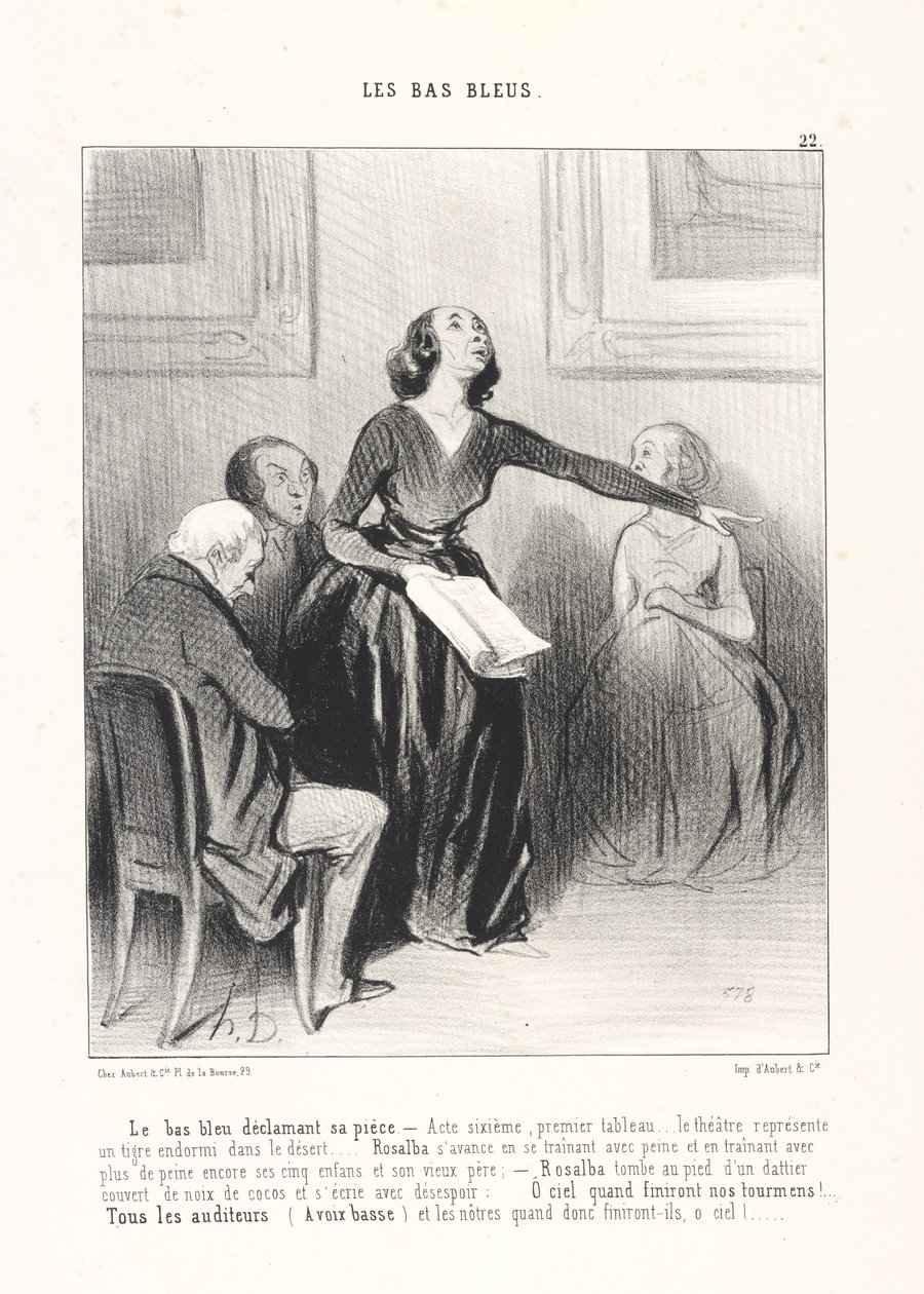 De blauwkous die haar toneelstuk voordraagt, plaat 22 uit de serie De blauwkousen uit het tijdschrift Le Charivari door Honoré Daumier